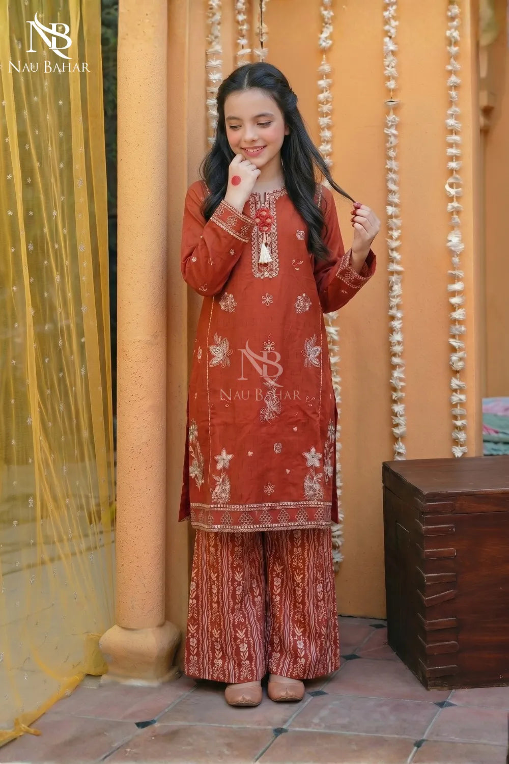 Orange - Kids Embroidered Lawn Co-Ord Set-NauBahar