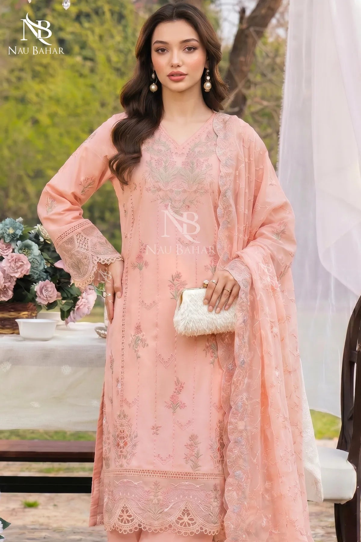 PEACH - Noor-e-Summer Stitched Embroidered Lawn 3 Piece - NauBahar