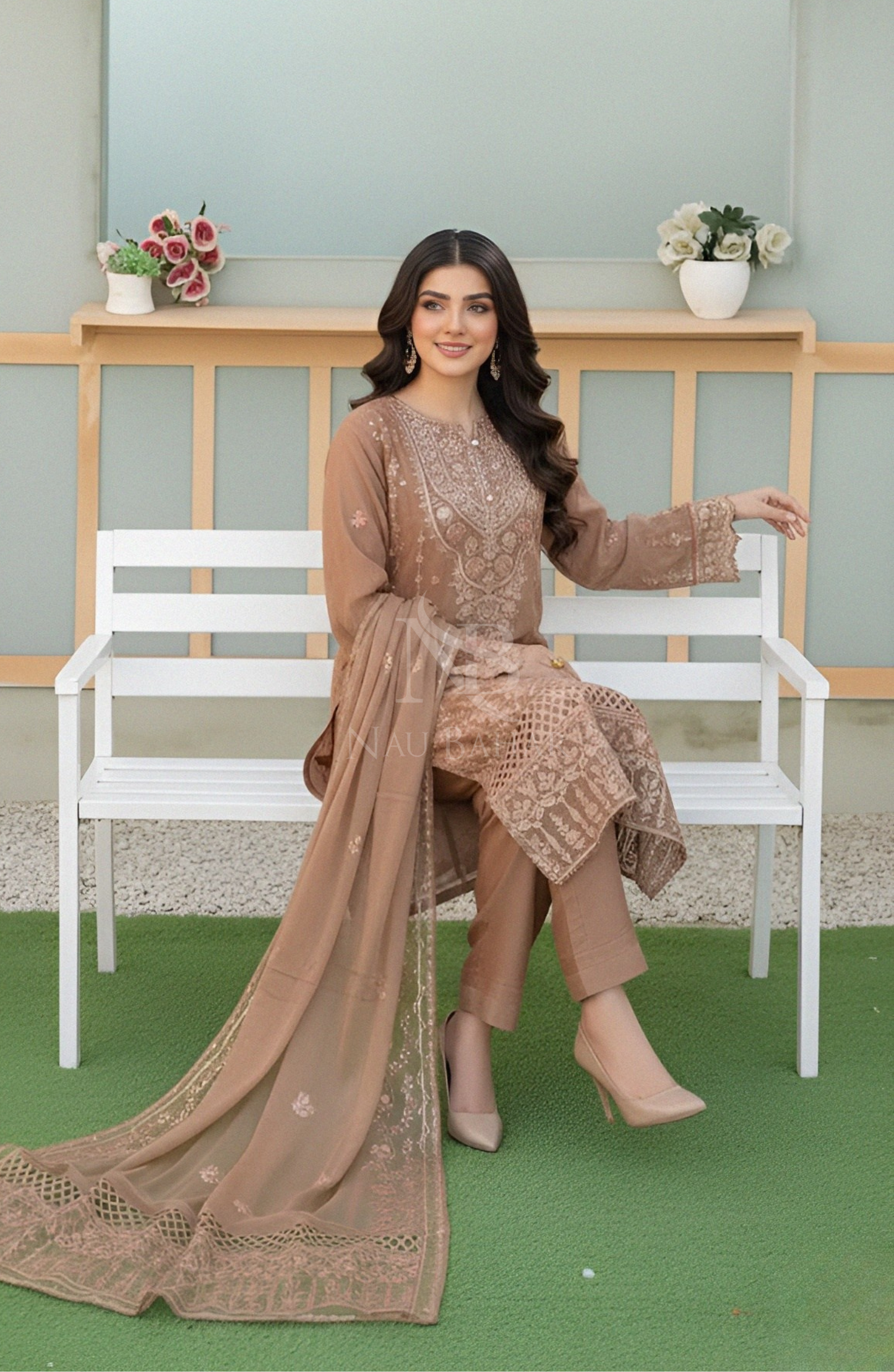 NB-148 Embroidered Chiffon Stitched 3 Piece Suit
