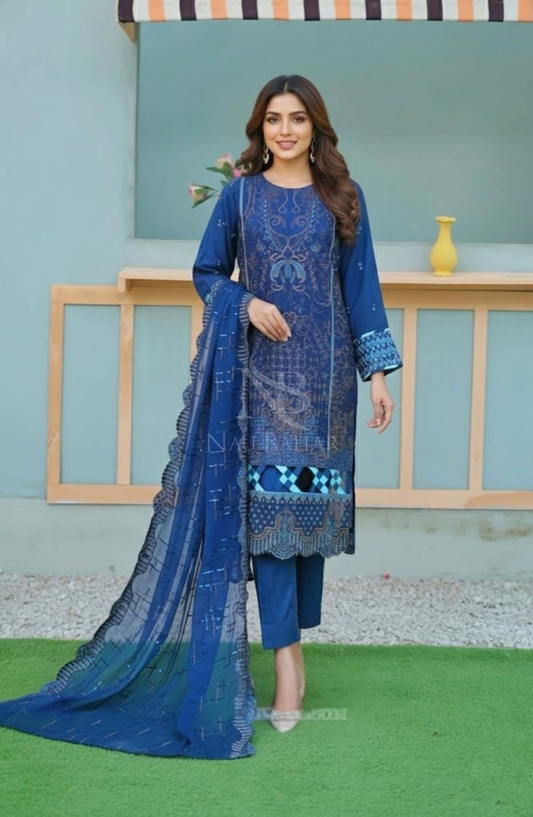 NB-111B Embroidered Chiffon Stitched 3 Piece Suit