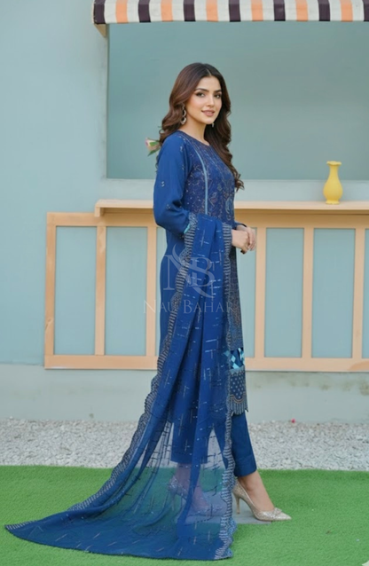 NB-111B Embroidered Chiffon Stitched 3 Piece Suit