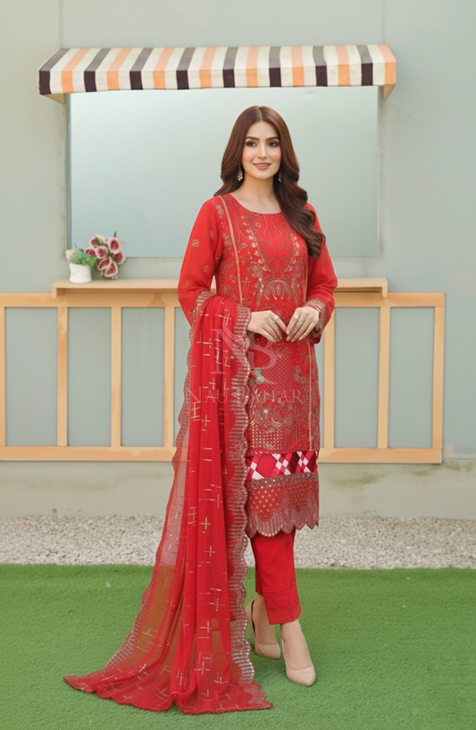 NB-111R Embroidered Chiffon Stitched 3 Piece Suit