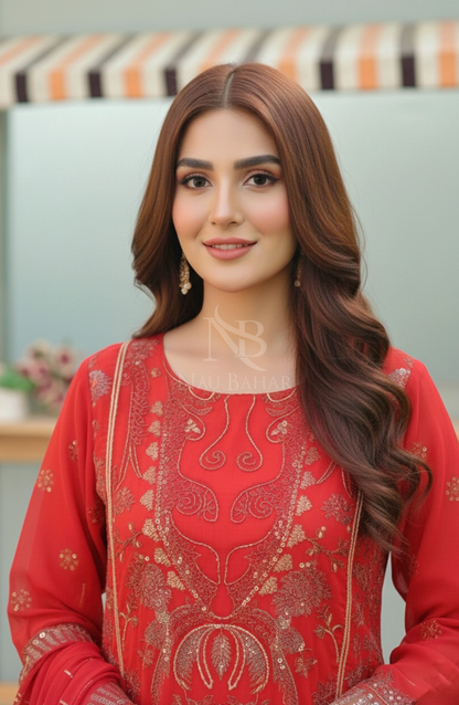 NB-111R Embroidered Chiffon Stitched 3 Piece Suit