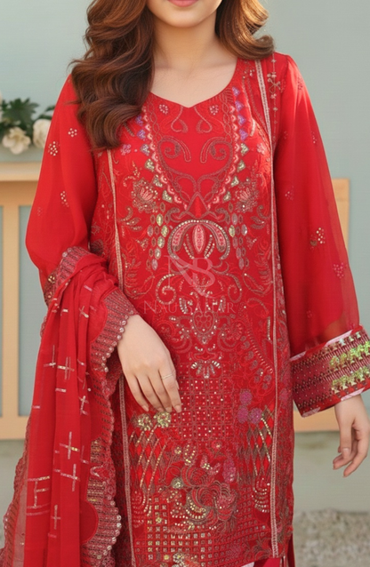 NB-111R Embroidered Chiffon Stitched 3 Piece Suit