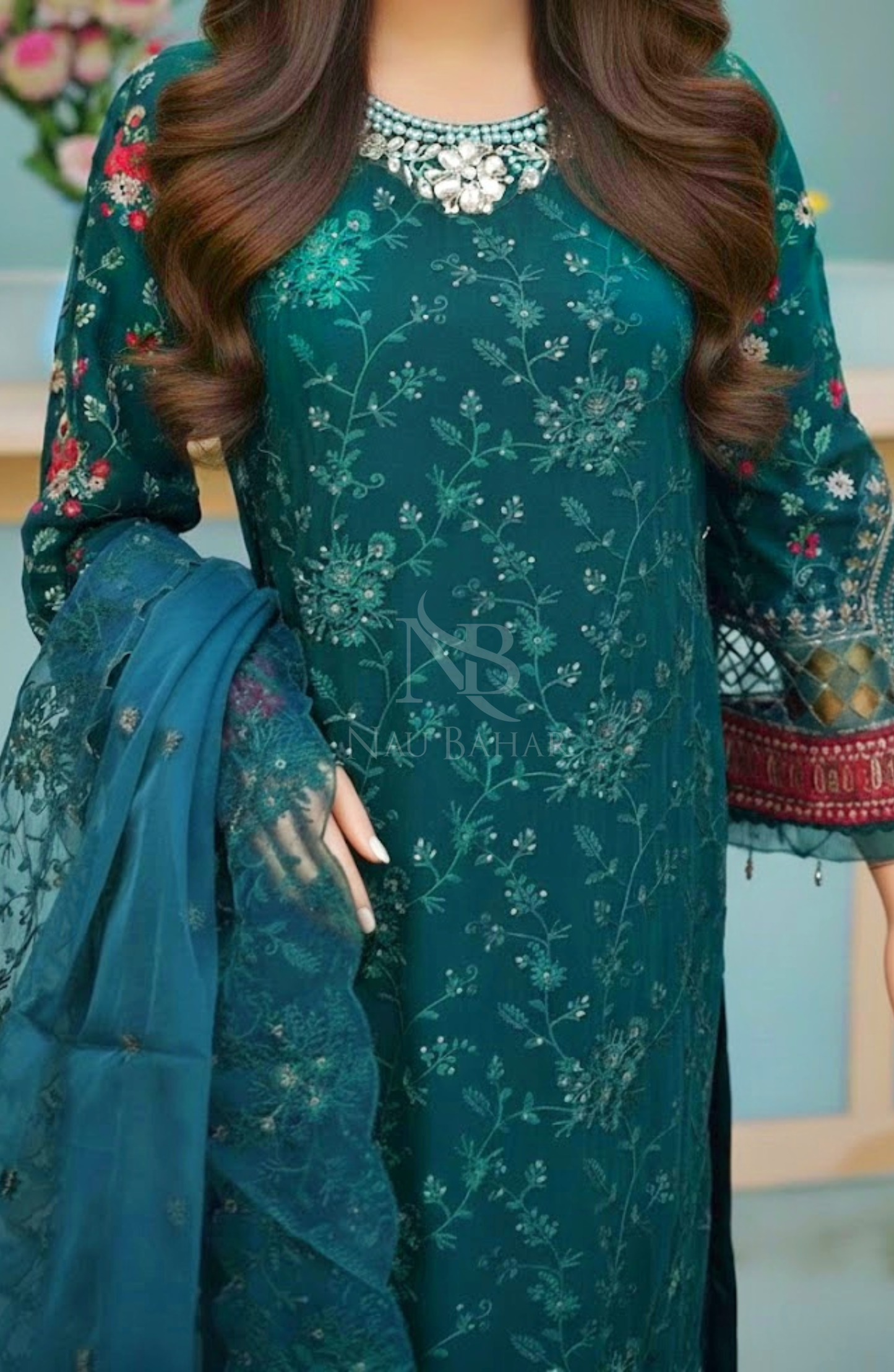 NB-150 Embroidered Chiffon Stitched 3 Piece Suit