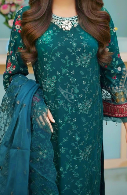 NB-150 Embroidered Chiffon Stitched 3 Piece Suit
