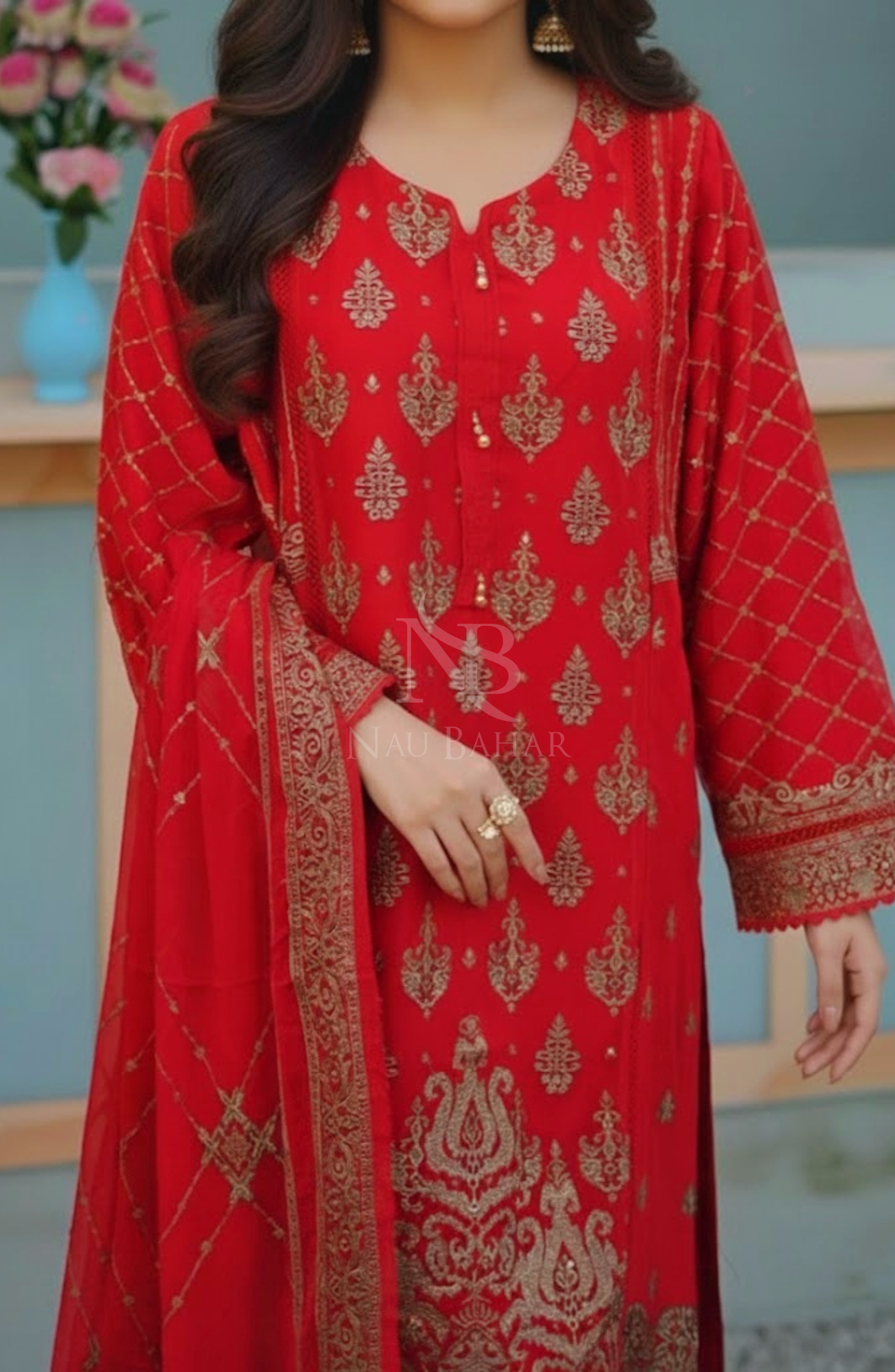 NB-61 Embroidered Chiffon Stitched 3 Piece Suit
