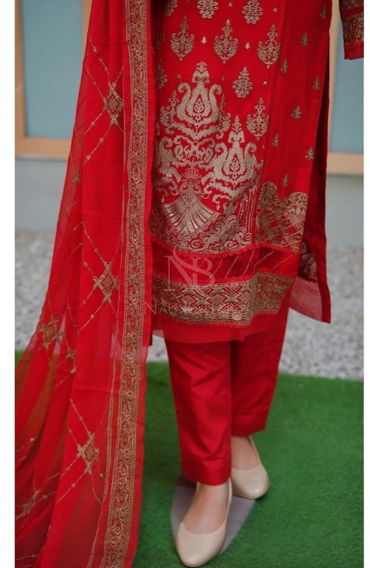 NB-61 Embroidered Chiffon Stitched 3 Piece Suit