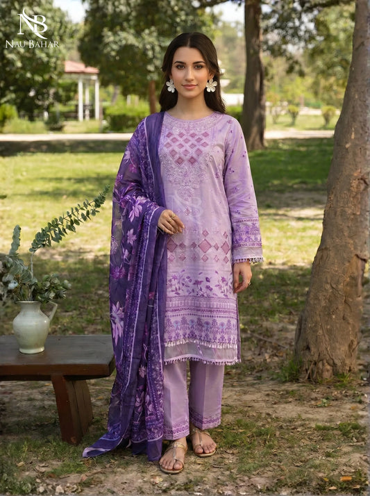 Petal Pink - Embroidered Zari Lawn Stitched 3 Piece - NauBahar