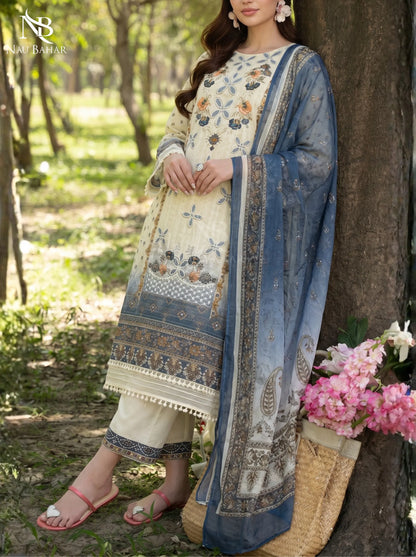 Off White - Embroidered Zari Lawn Stitched 3 Piece - NauBahar
