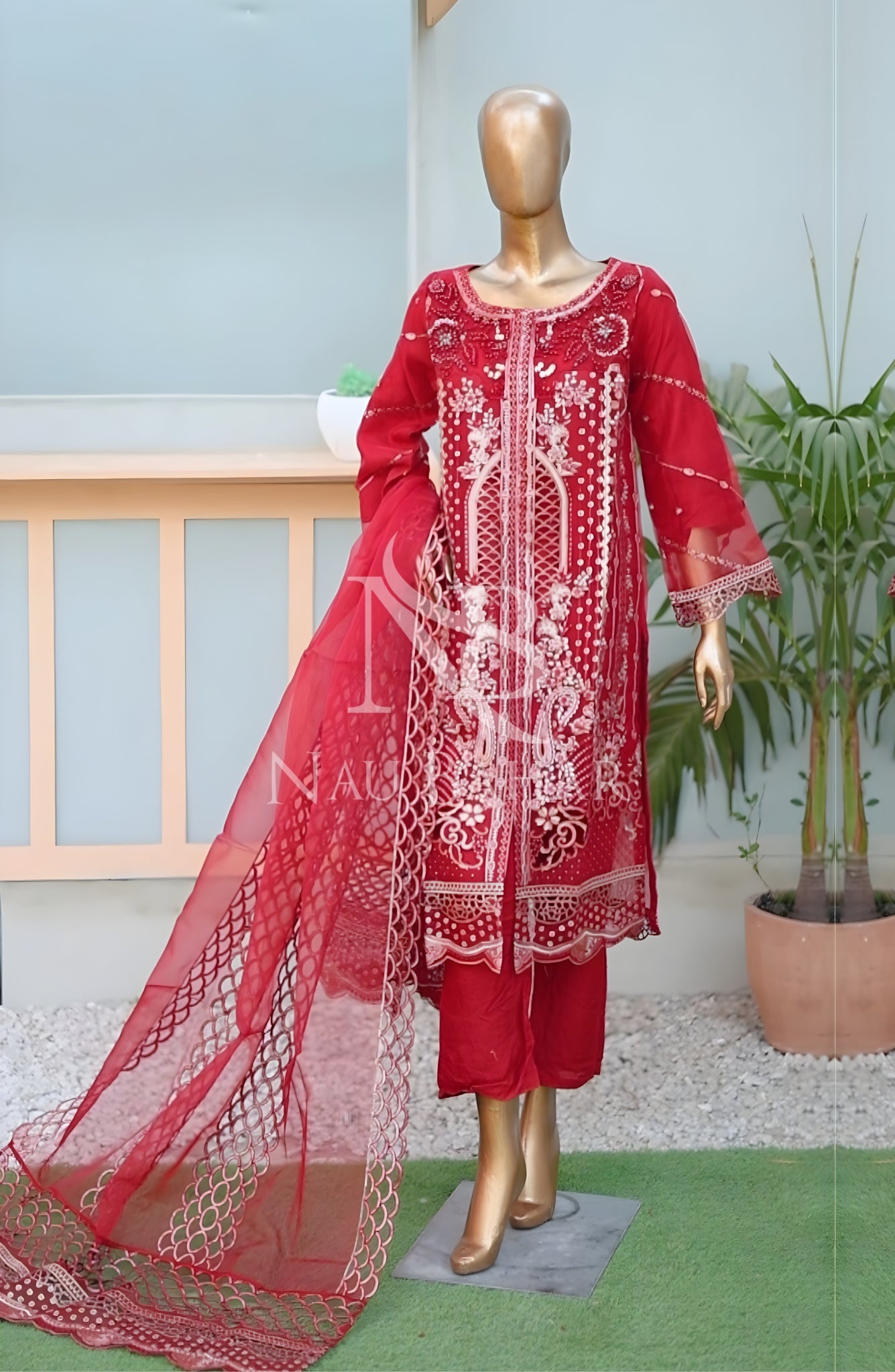 NB-141 Festive Formal Embroidered Organza Stitched 3 Piece Suit