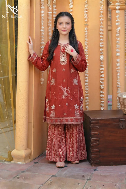 Orange - Kids Embroidered Lawn Co-Ord Set-NauBahar
