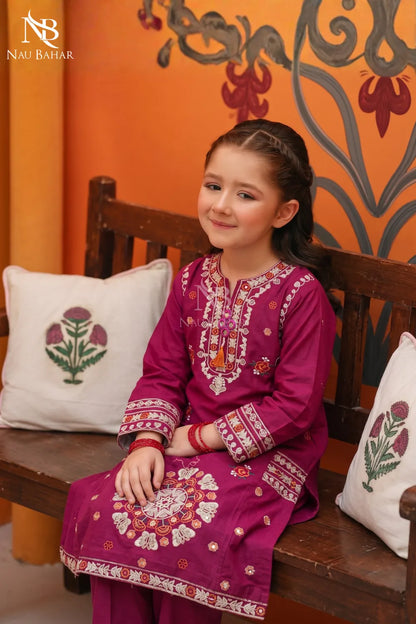 Magenta - Kids Embroidered Lawn Co-Ord Set-NauBahar