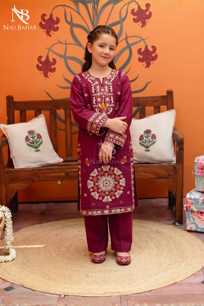 Magenta - Kids Embroidered Lawn Co-Ord Set-NauBahar