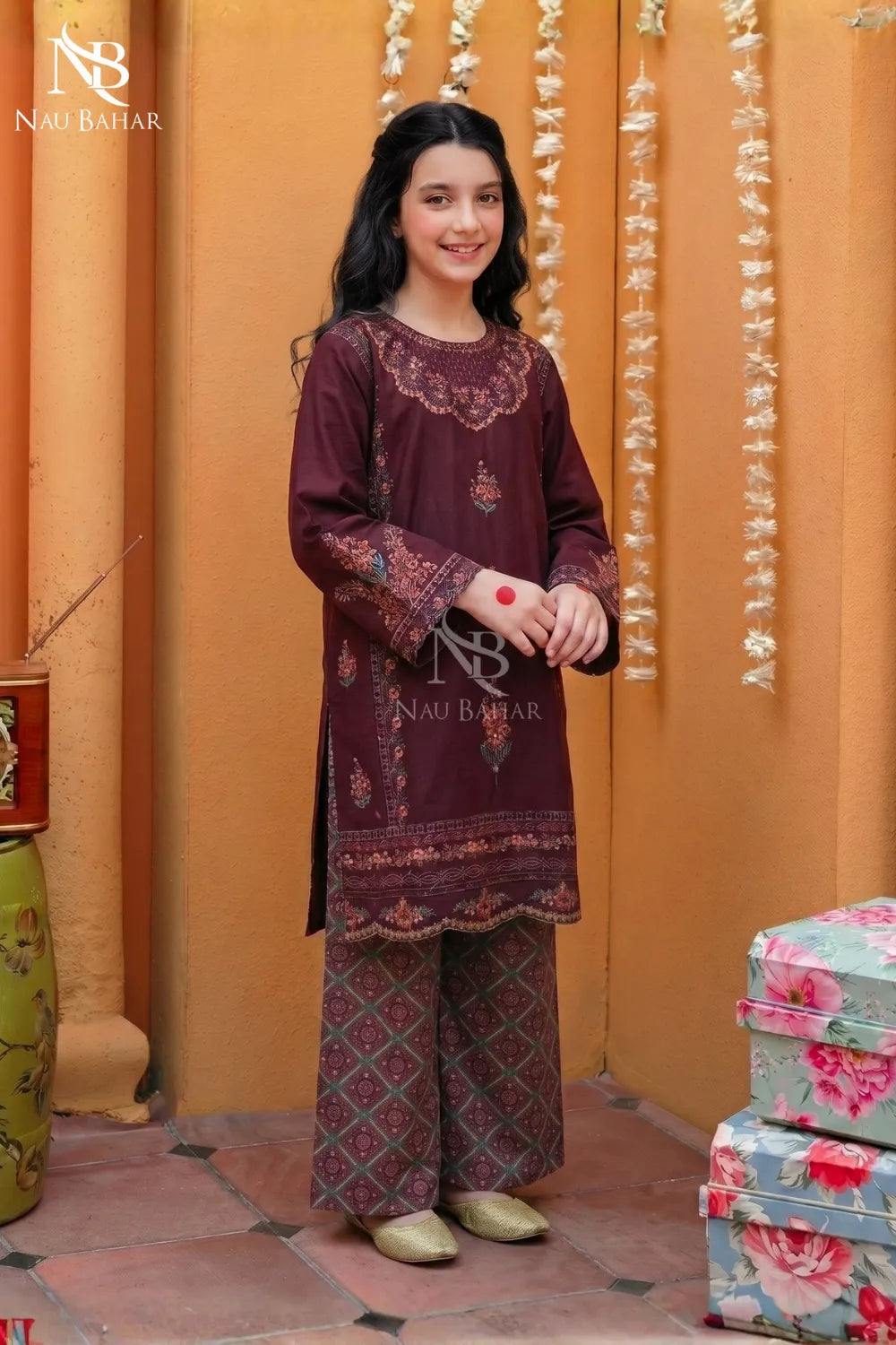 Wine Berry - Kids Embroidered Lawn Co-Ord Set-NauBahar