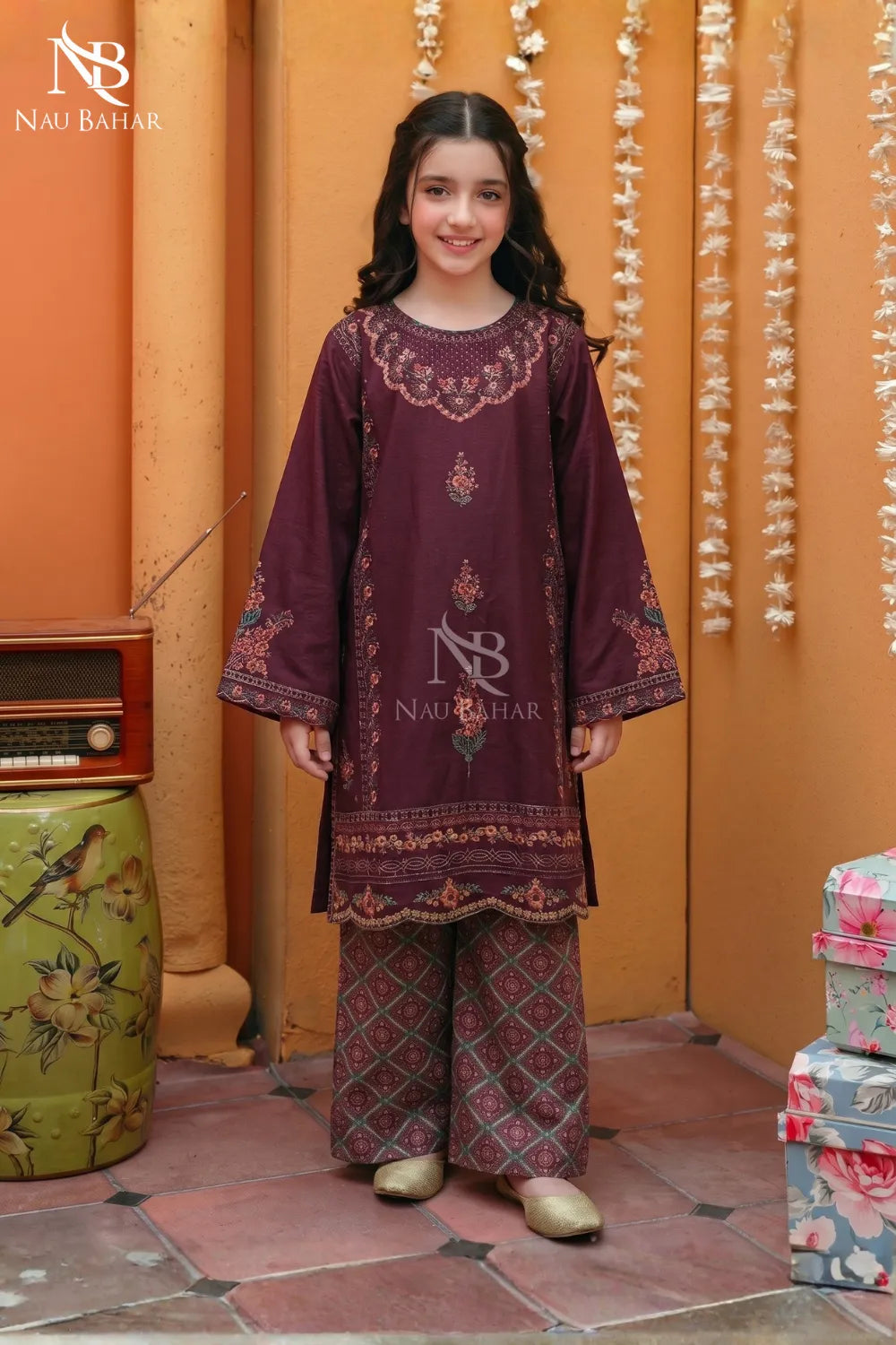 Wine Berry - Kids Embroidered Lawn Co-Ord Set-NauBahar