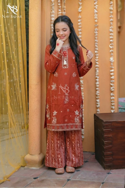Orange - Kids Embroidered Lawn Co-Ord Set-NauBahar