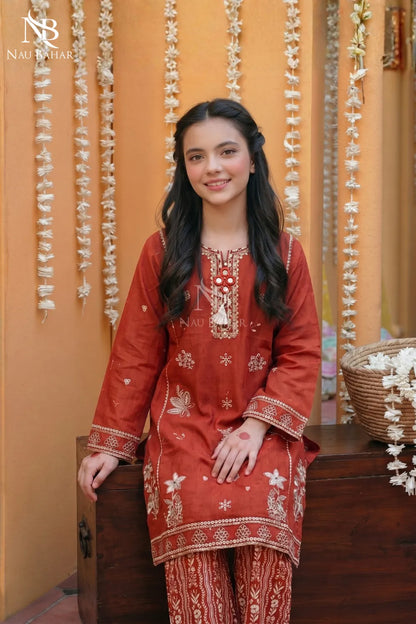 Orange - Kids Embroidered Lawn Co-Ord Set-NauBahar