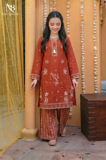 Orange - Kids Embroidered Lawn Co-Ord Set-NauBahar