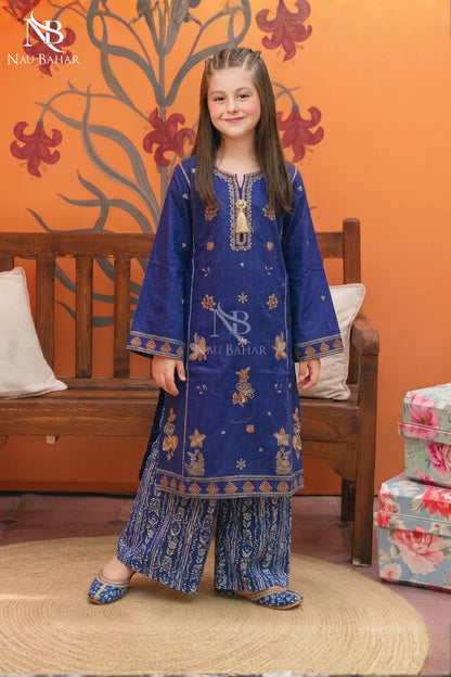 Blue - Kids Embroidered Lawn Co-Ord Set-NauBahar
