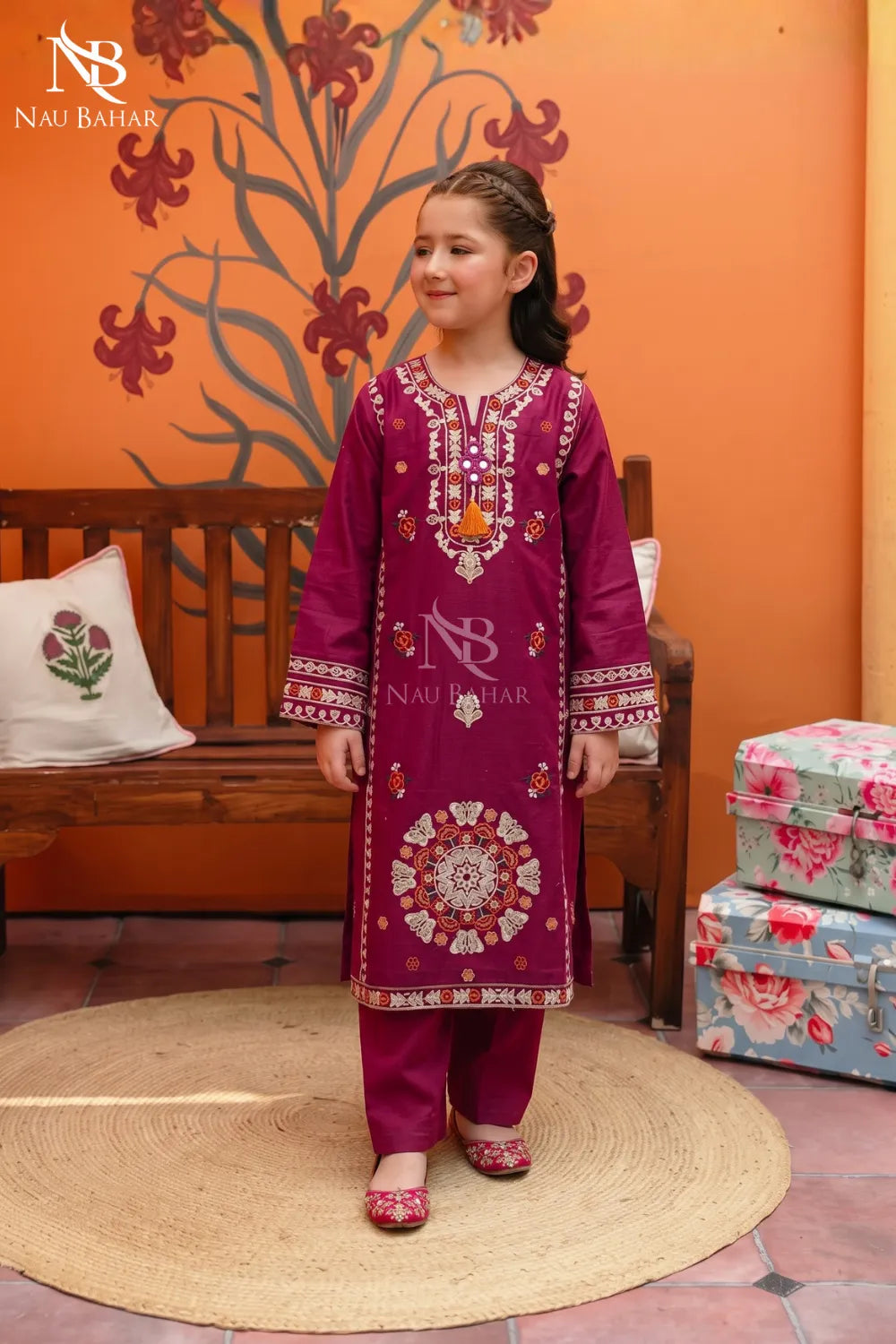 Magenta - Kids Embroidered Lawn Co-Ord Set-NauBahar