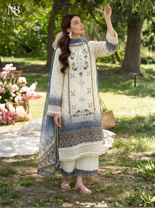 Off White - Embroidered Zari Lawn Stitched 3 Piece - NauBahar