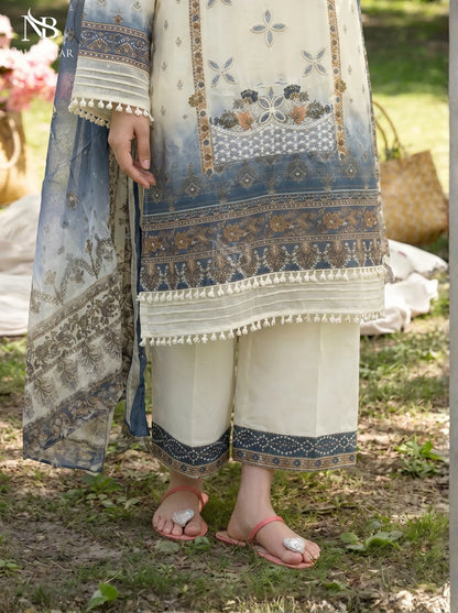 Off White - Embroidered Zari Lawn Stitched 3 Piece - NauBahar
