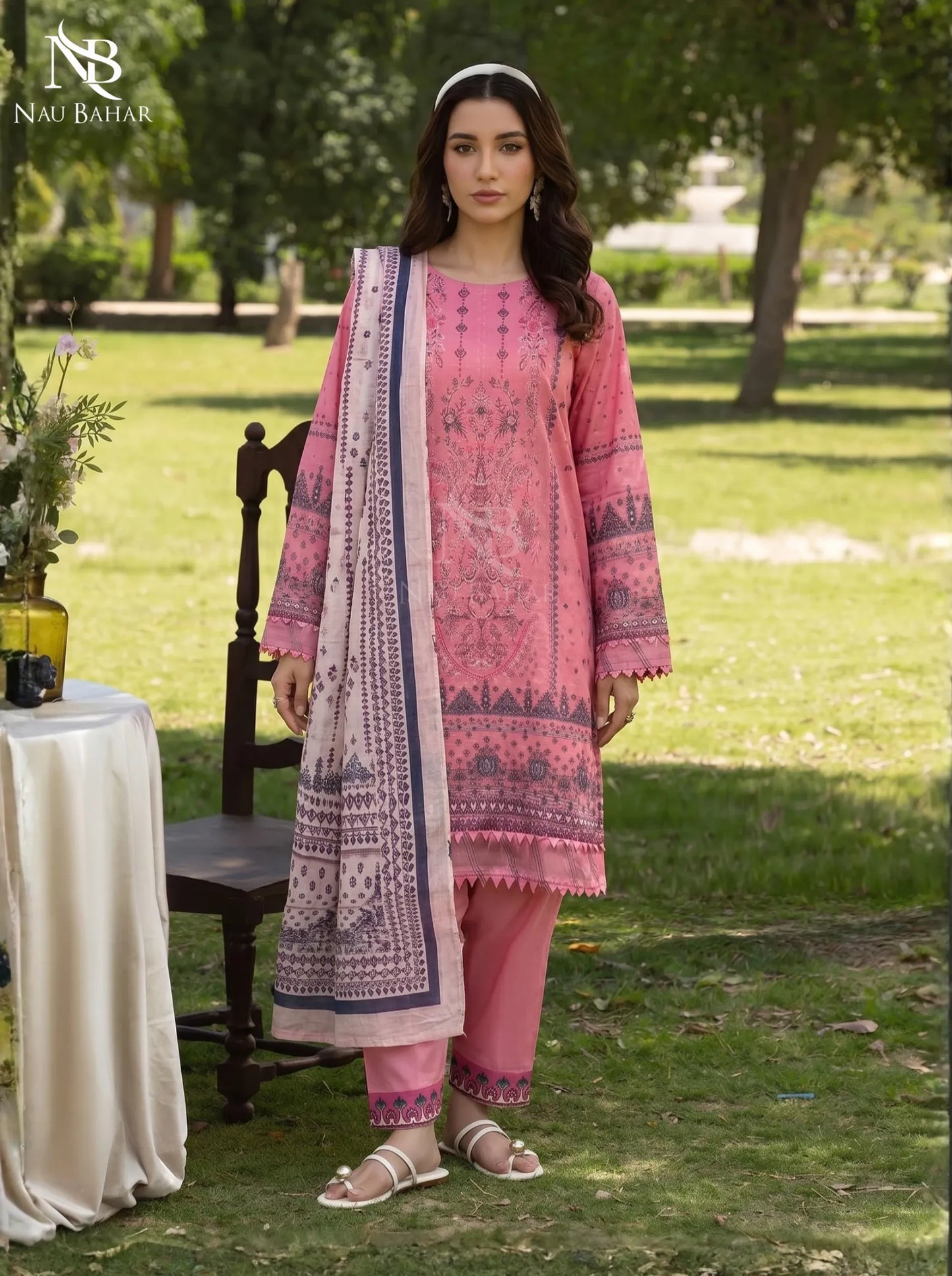 Pink - Embroidered Zari Lawn Stitched 3 Piece - NauBahar