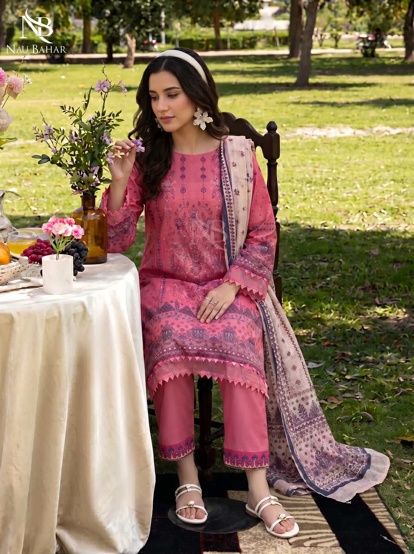 Pink - Embroidered Zari Lawn Stitched 3 Piece - NauBahar