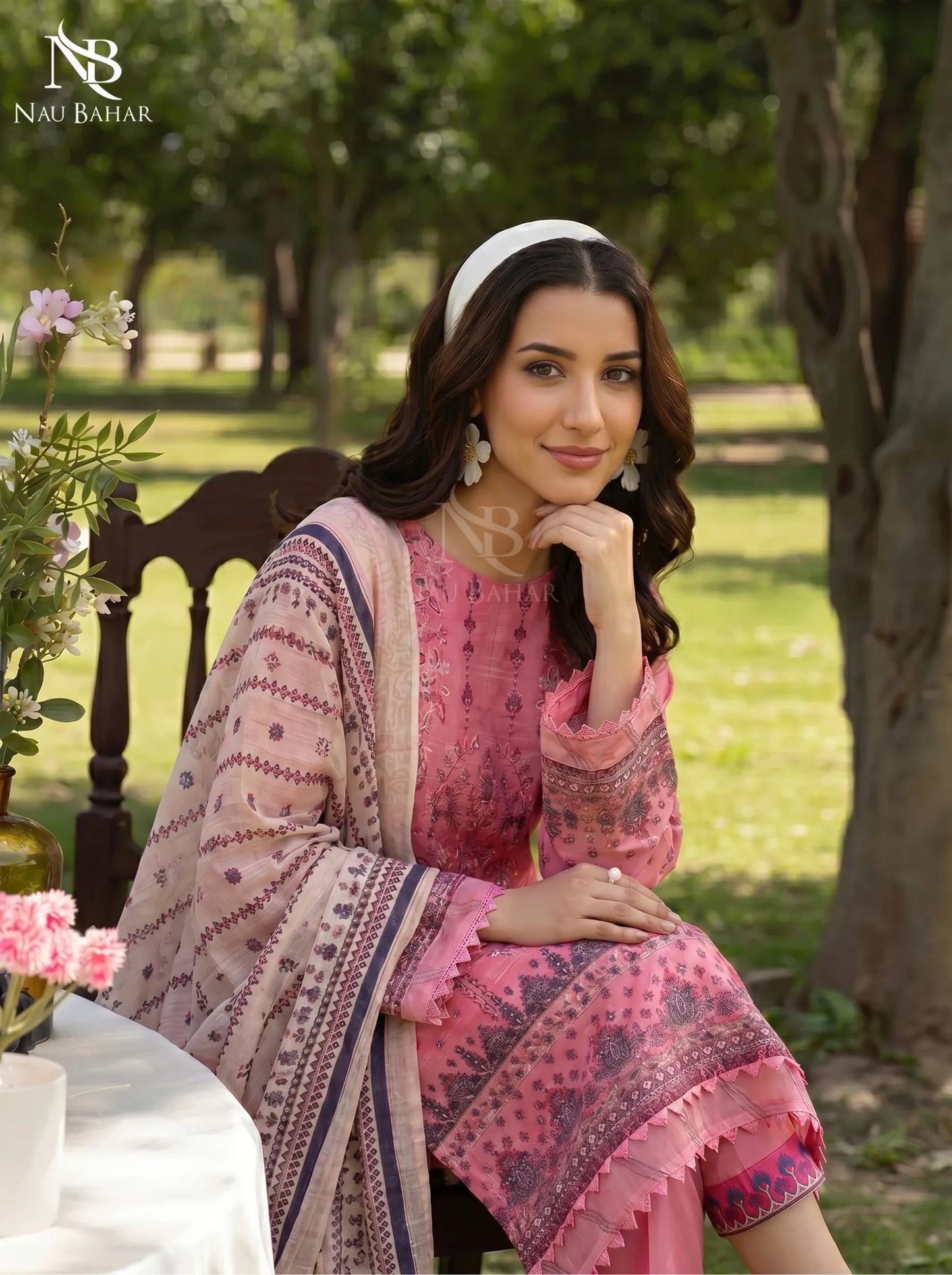 Pink - Embroidered Zari Lawn Stitched 3 Piece - NauBahar