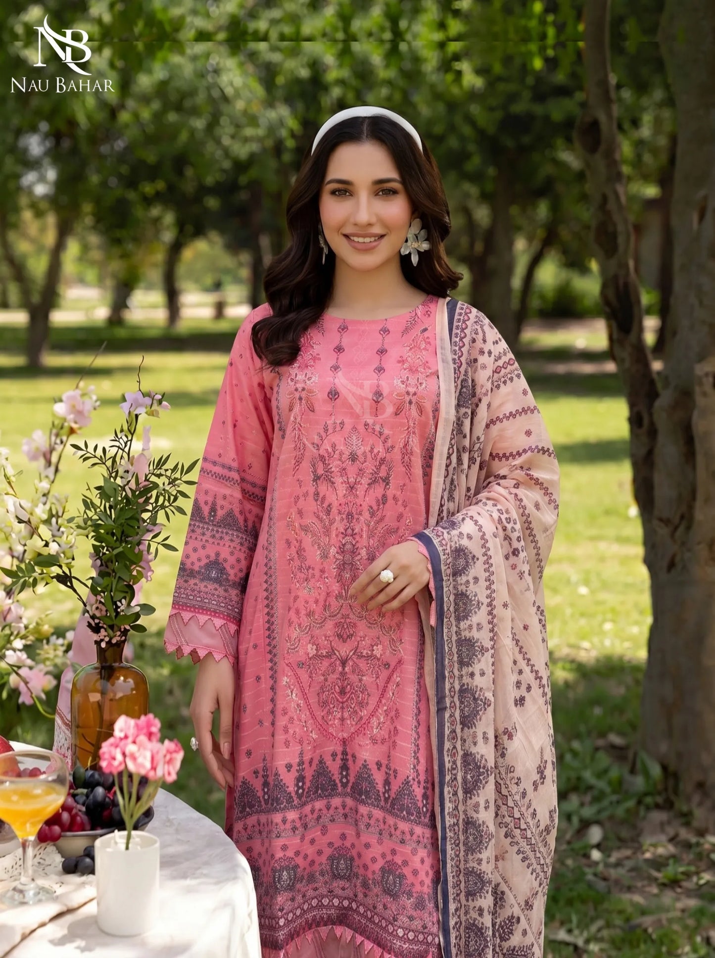 Pink - Embroidered Zari Lawn Stitched 3 Piece - NauBahar