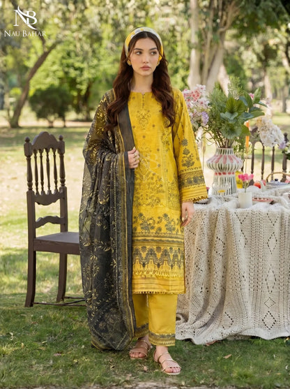 Yellow - Embroidered Zari Lawn Stitched 3 Piece - NauBahar