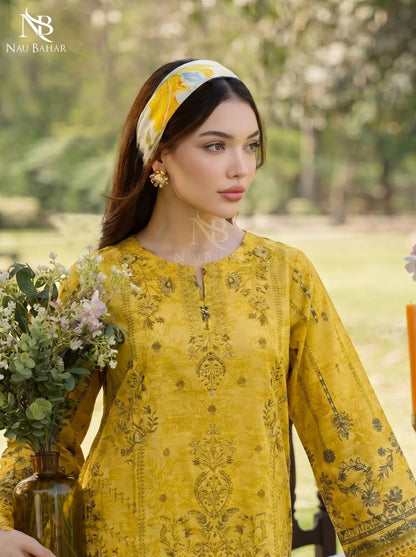 Yellow - Embroidered Zari Lawn Stitched 3 Piece - NauBahar