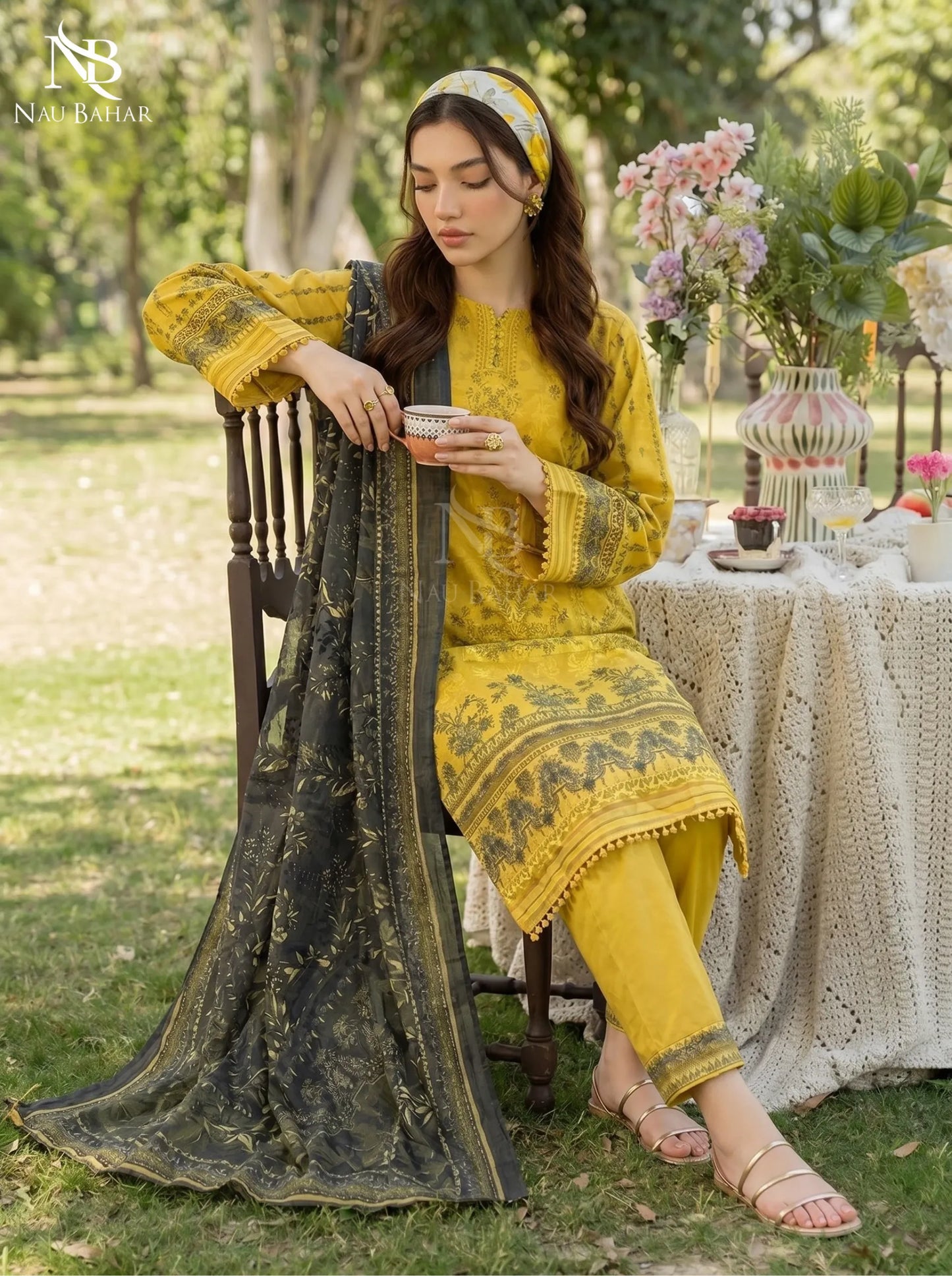 Yellow - Embroidered Zari Lawn Stitched 3 Piece - NauBahar