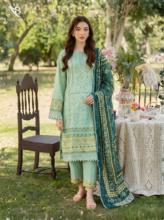 Sea Green - Embroidered Zari Lawn Stitched 3 Piece - NauBahar