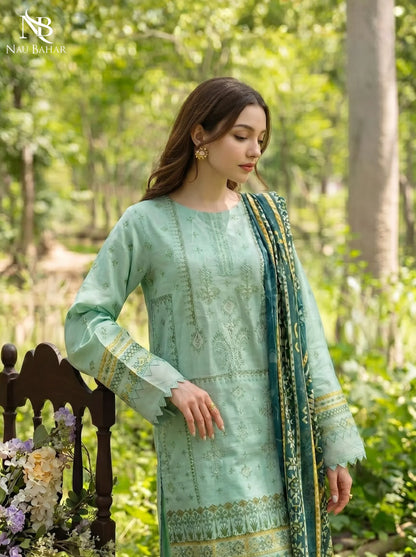Sea Green - Embroidered Zari Lawn Stitched 3 Piece - NauBahar