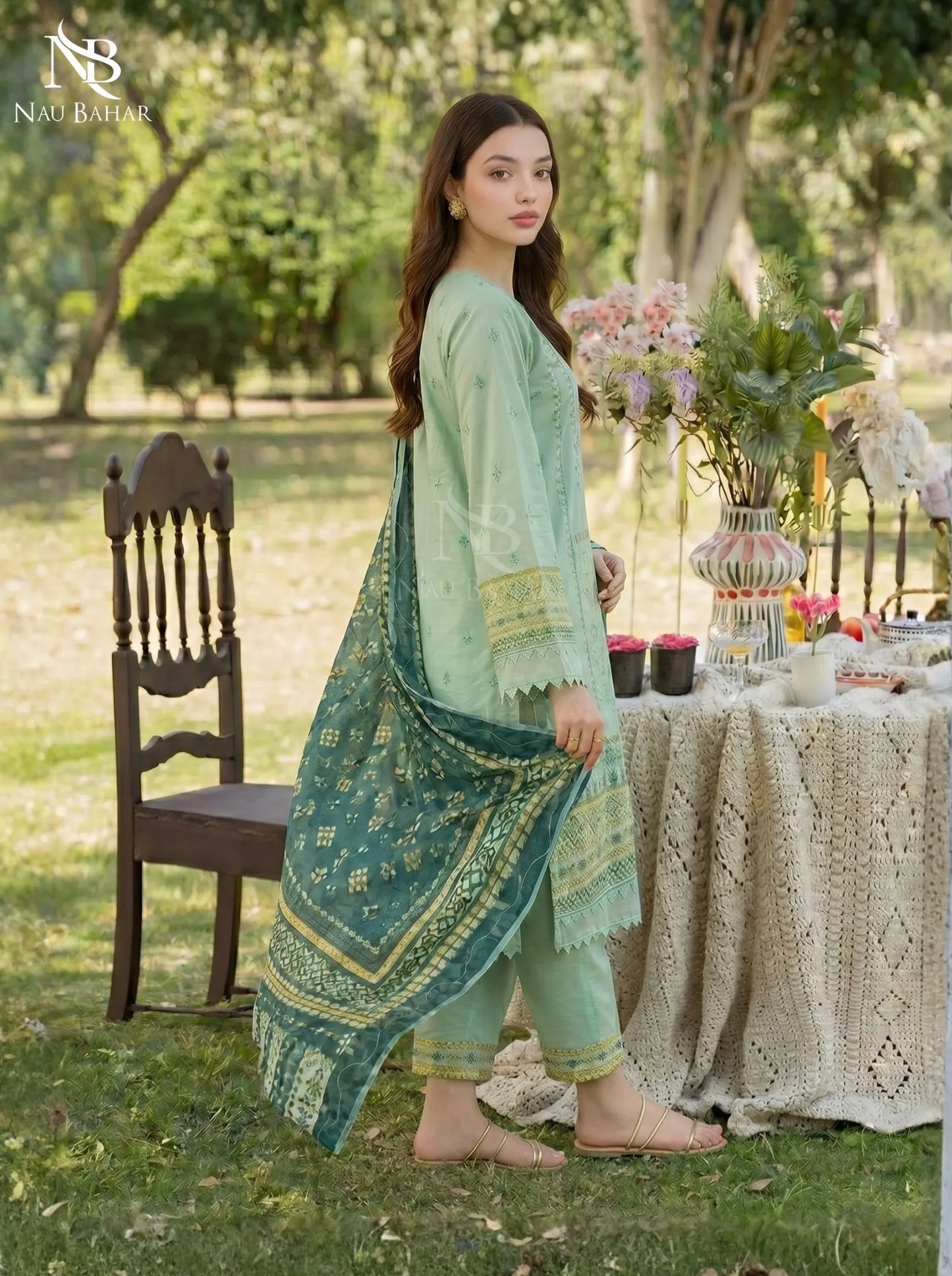 Sea Green - Embroidered Zari Lawn Stitched 3 Piece - NauBahar
