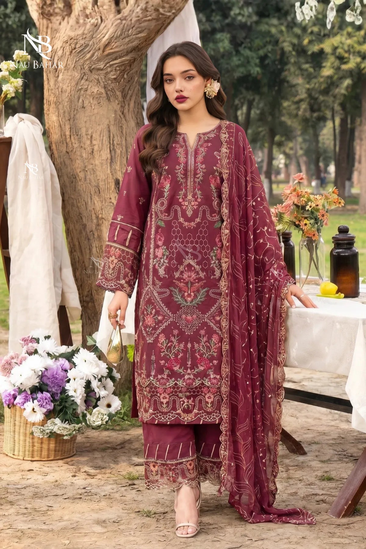 MAROON - Noor-e-Summer Stitched Embroidered Lawn 3 Piece - NauBahar