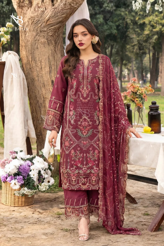MAROON - Noor-e-Summer Stitched Embroidered Lawn 3 Piece - NauBahar