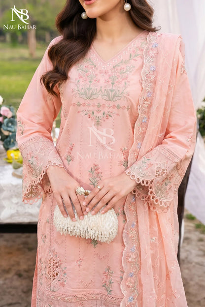 PEACH - Noor-e-Summer Stitched Embroidered Lawn 3 Piece - NauBahar