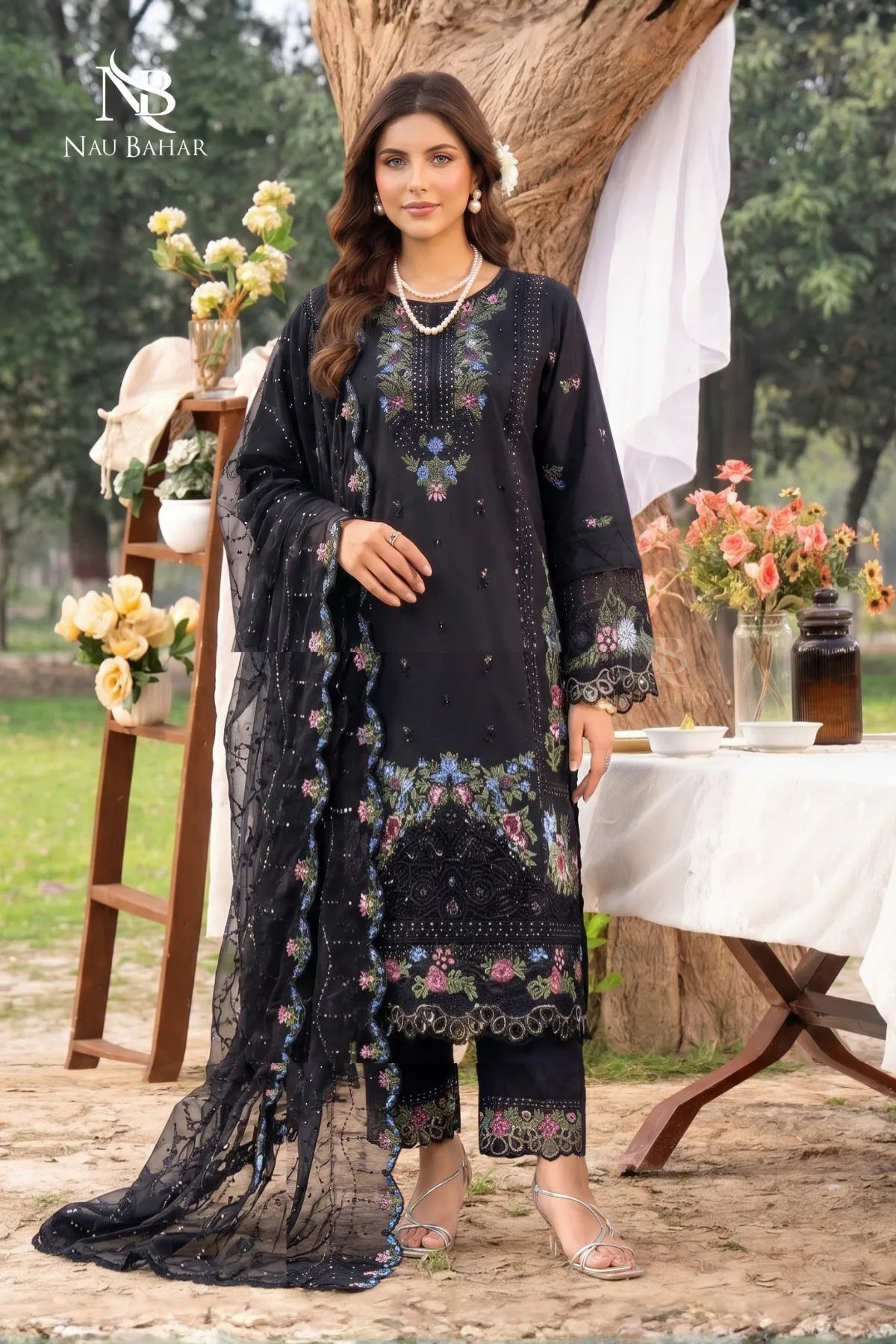 BLACK - Noor-e-Summer Stitched Embroidered Lawn 3 Piece - NauBahar
