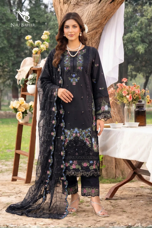 BLACK - Noor-e-Summer Stitched Embroidered Lawn 3 Piece - NauBahar