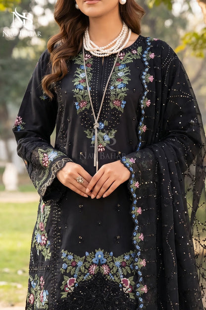 BLACK - Noor-e-Summer Stitched Embroidered Lawn 3 Piece - NauBahar