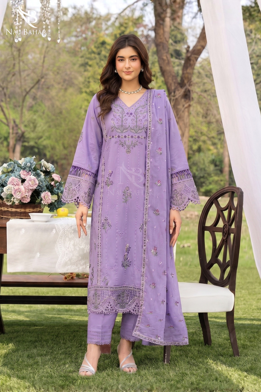 LILAC - Noor-e-Summer Stitched Embroidered Lawn 3 Piece - NauBahar