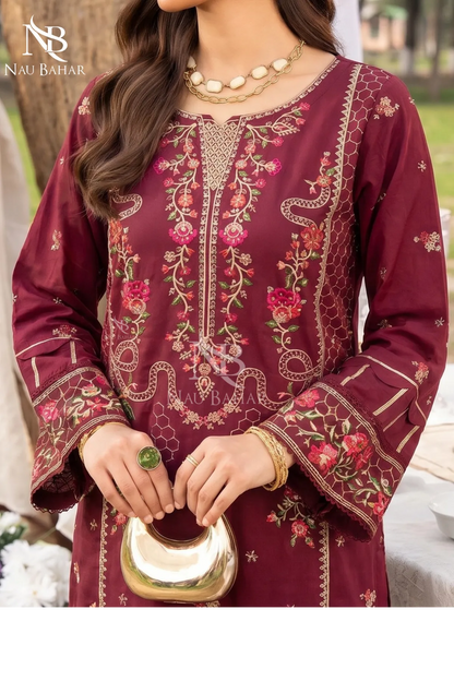 MAROON - Noor-e-Summer Stitched Embroidered Lawn 3 Piece - NauBahar