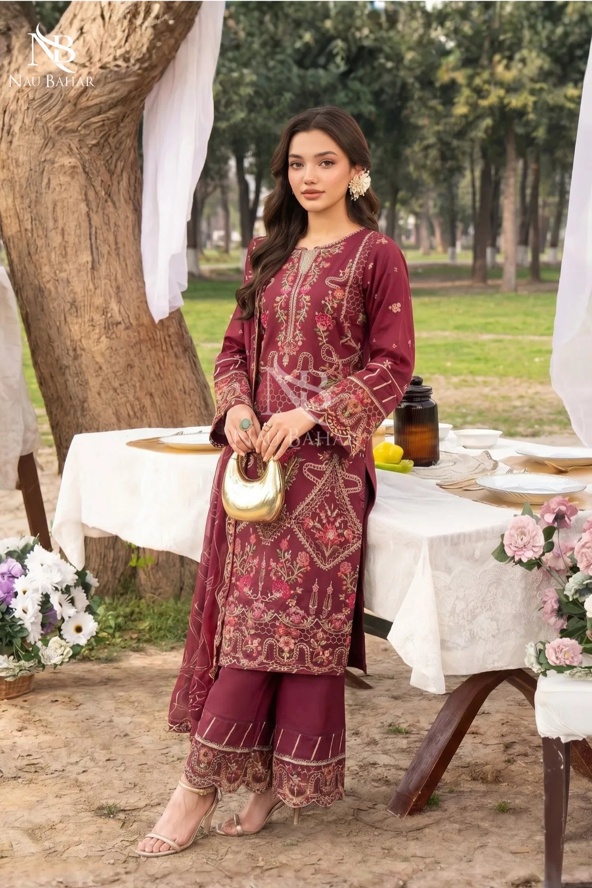 MAROON - Noor-e-Summer Stitched Embroidered Lawn 3 Piece - NauBahar