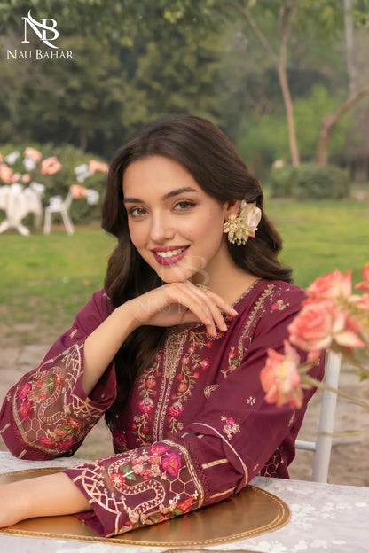 MAROON - Noor-e-Summer Stitched Embroidered Lawn 3 Piece - NauBahar
