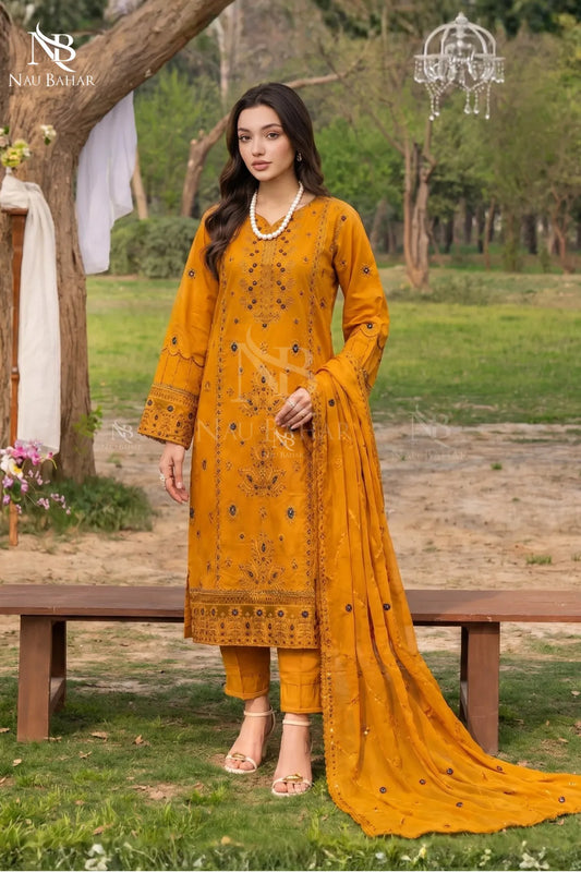 MUSTARD - Noor-e-Summer Stitched Embroidered Lawn 3 Piece - NauBahar