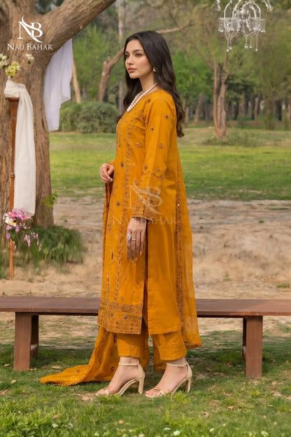 MUSTARD - Noor-e-Summer Stitched Embroidered Lawn 3 Piece - NauBahar
