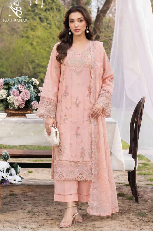 PEACH - Noor-e-Summer Stitched Embroidered Lawn 3 Piece - NauBahar